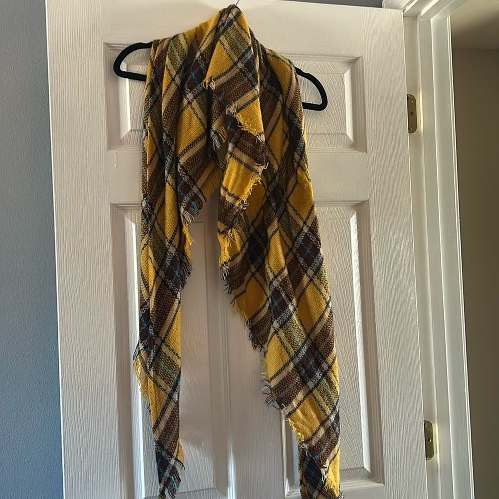 Mustard yellow, blue and brown infinity scarf